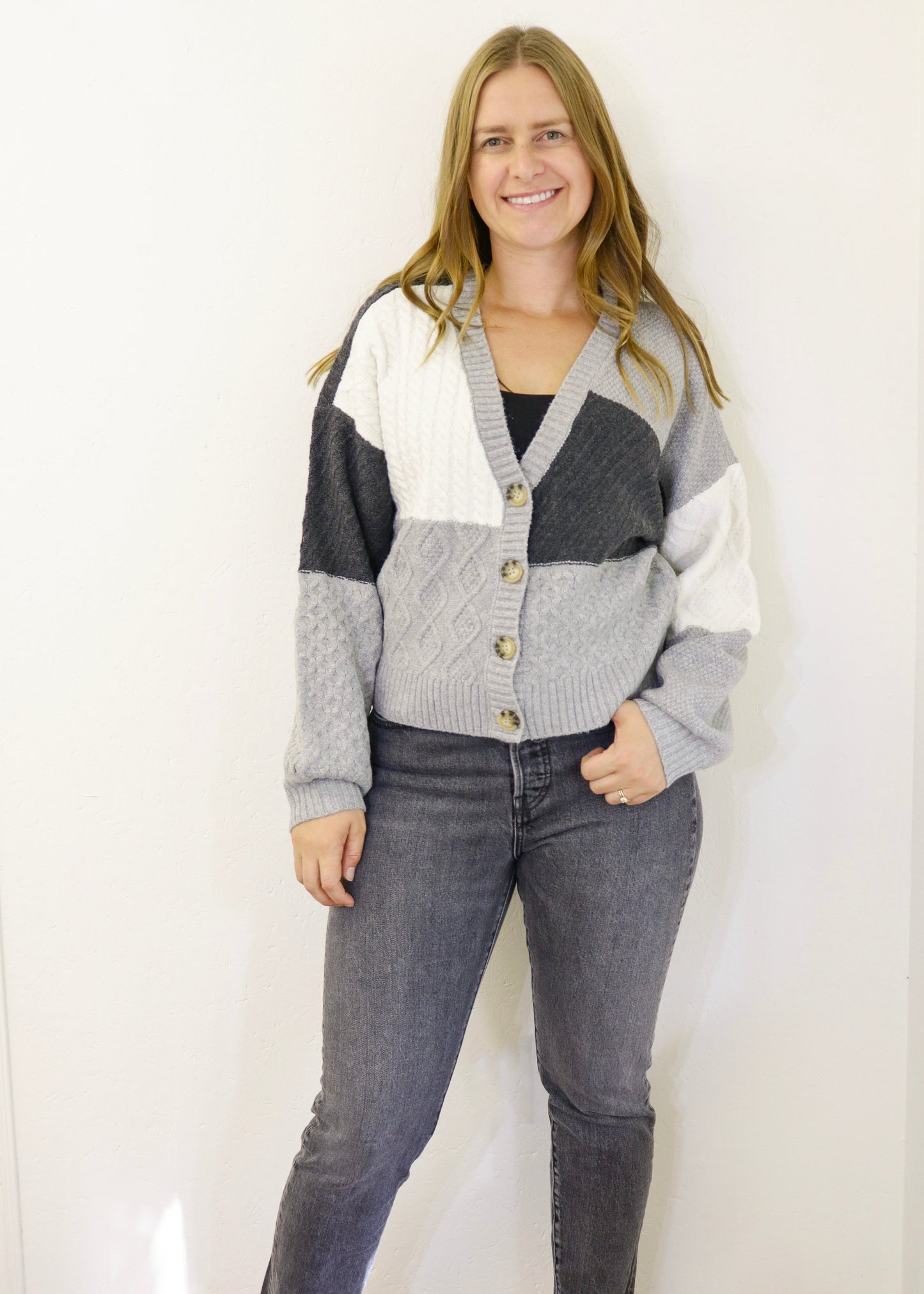 Patchwork Cable Knit Cardigan - Grey (S-L)