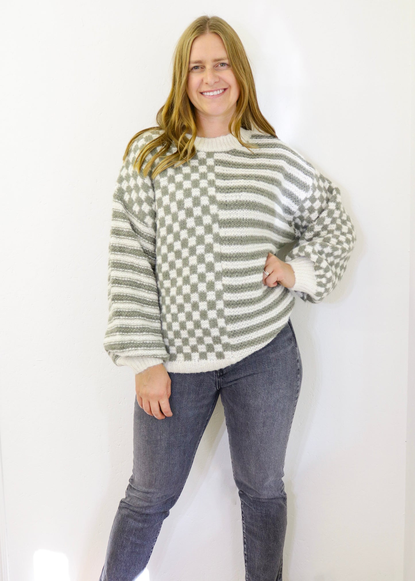 Stripe and Checkered Crew Neck Sweater - Olive (S-L)
