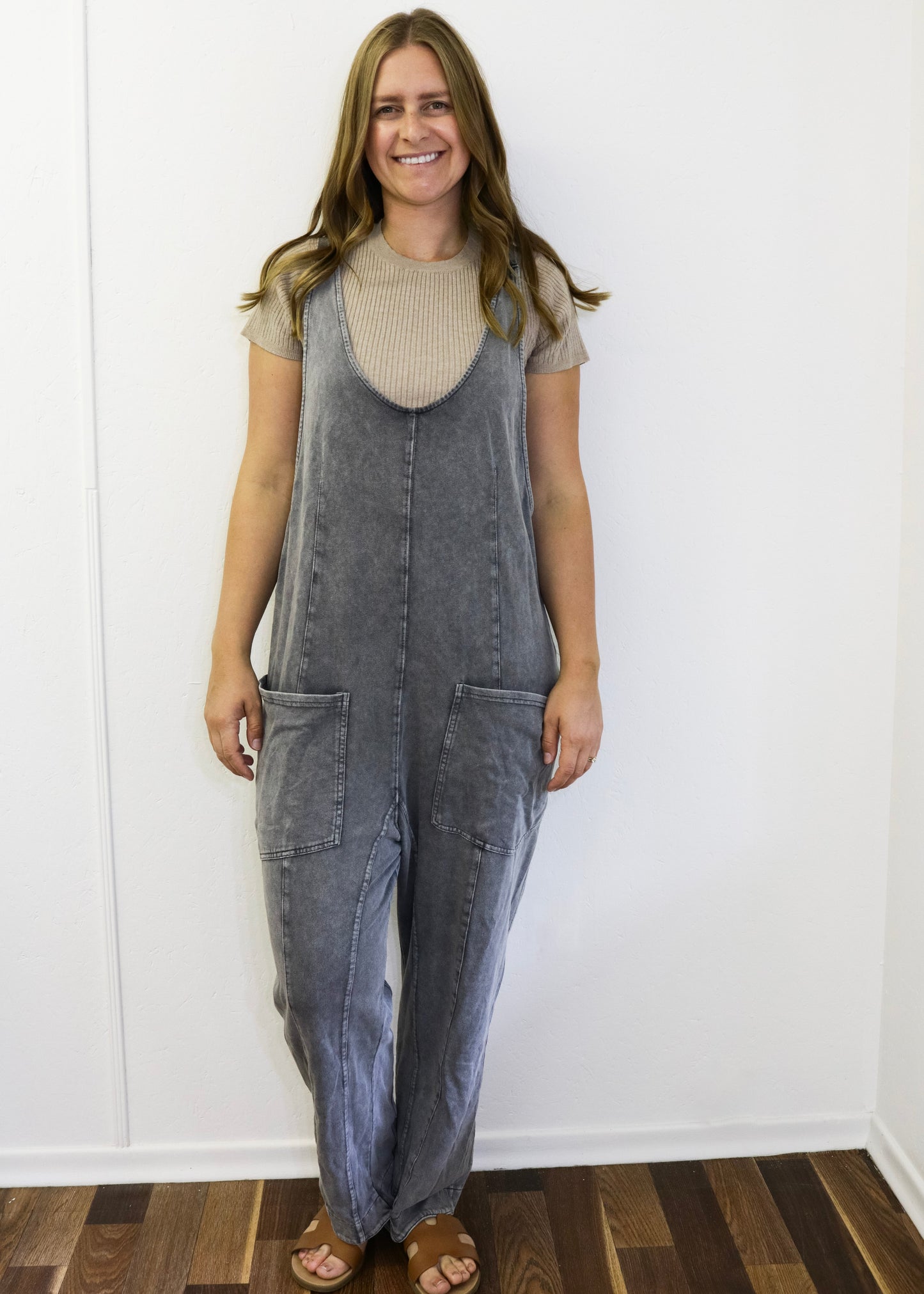 Mineral Washed Relaxed Fit Jumpsuit - Charcoal (S-L)