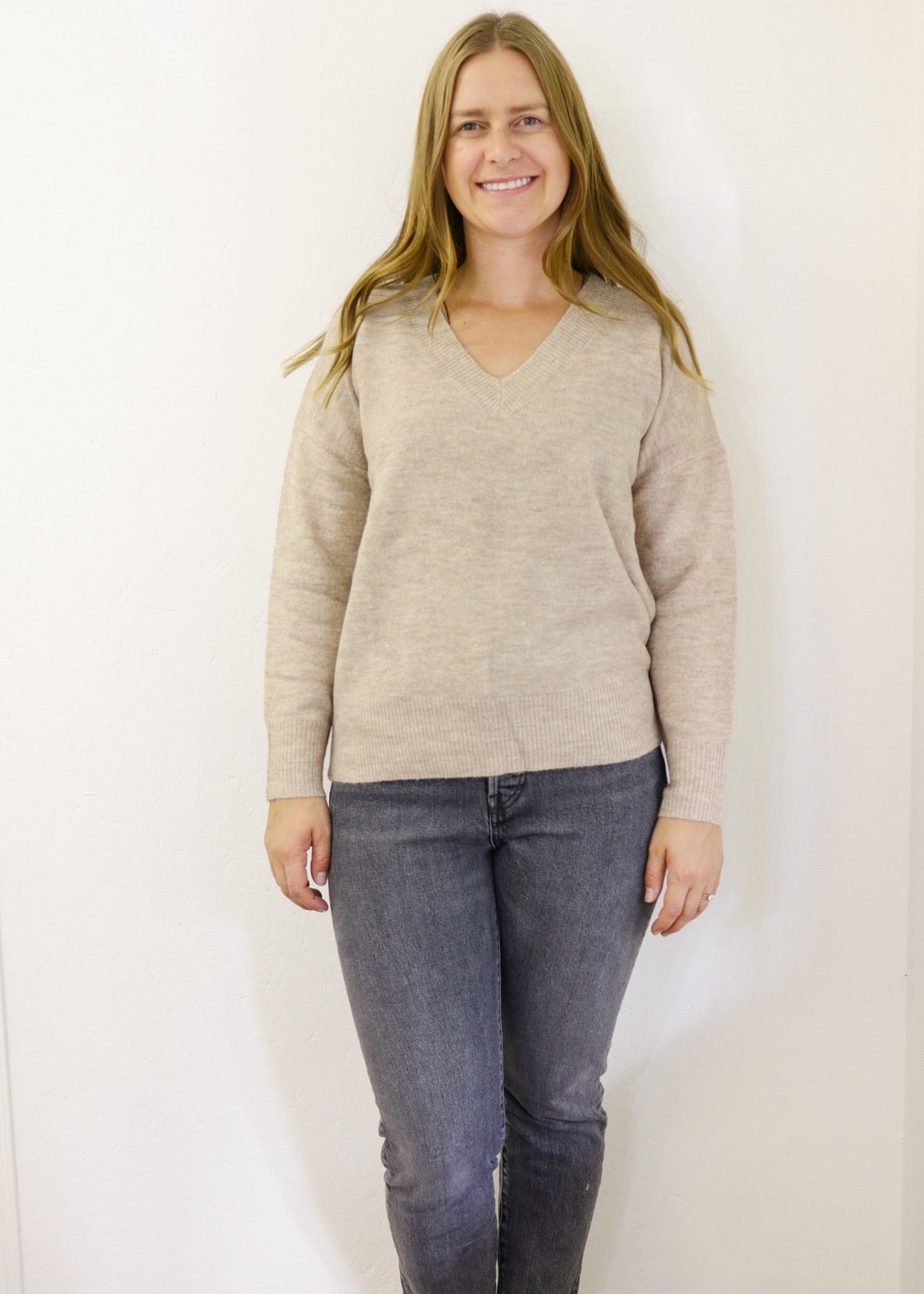 Solid V Neck Knit Sweater - Taupe (S-L)