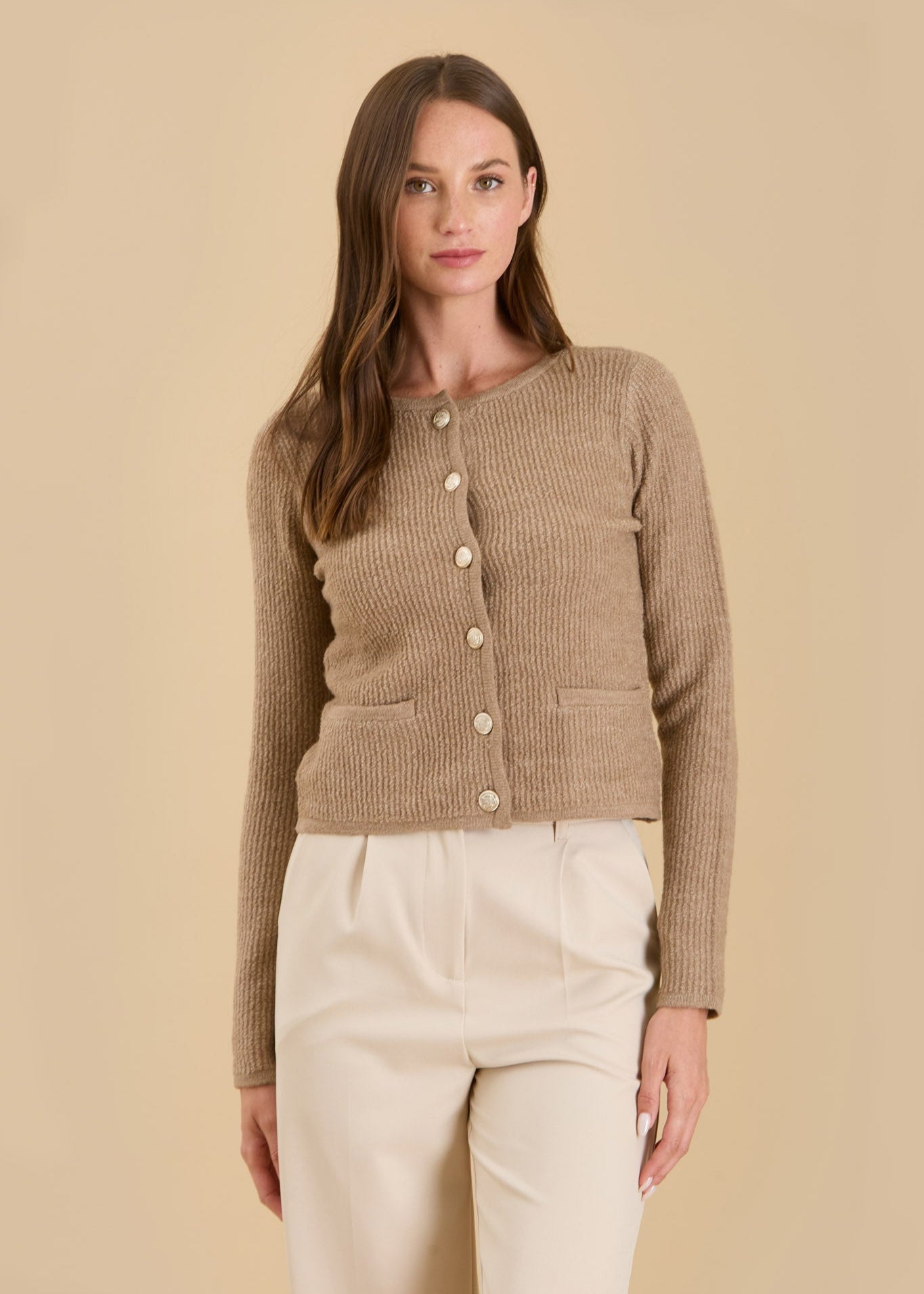 Round Neck Gold Button Knit Cardigan - Taupe (S-L)