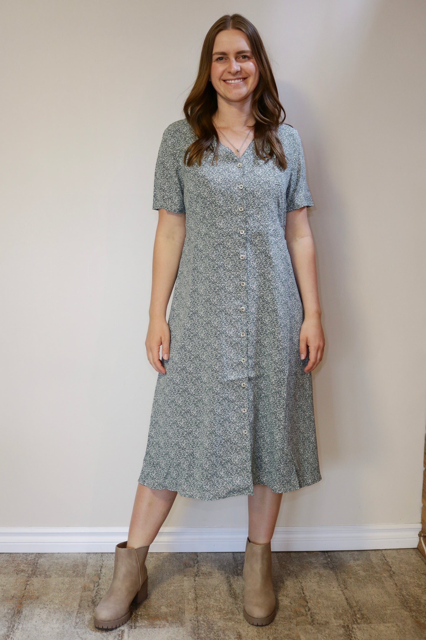 Button Down Print Dress - Green S-XL