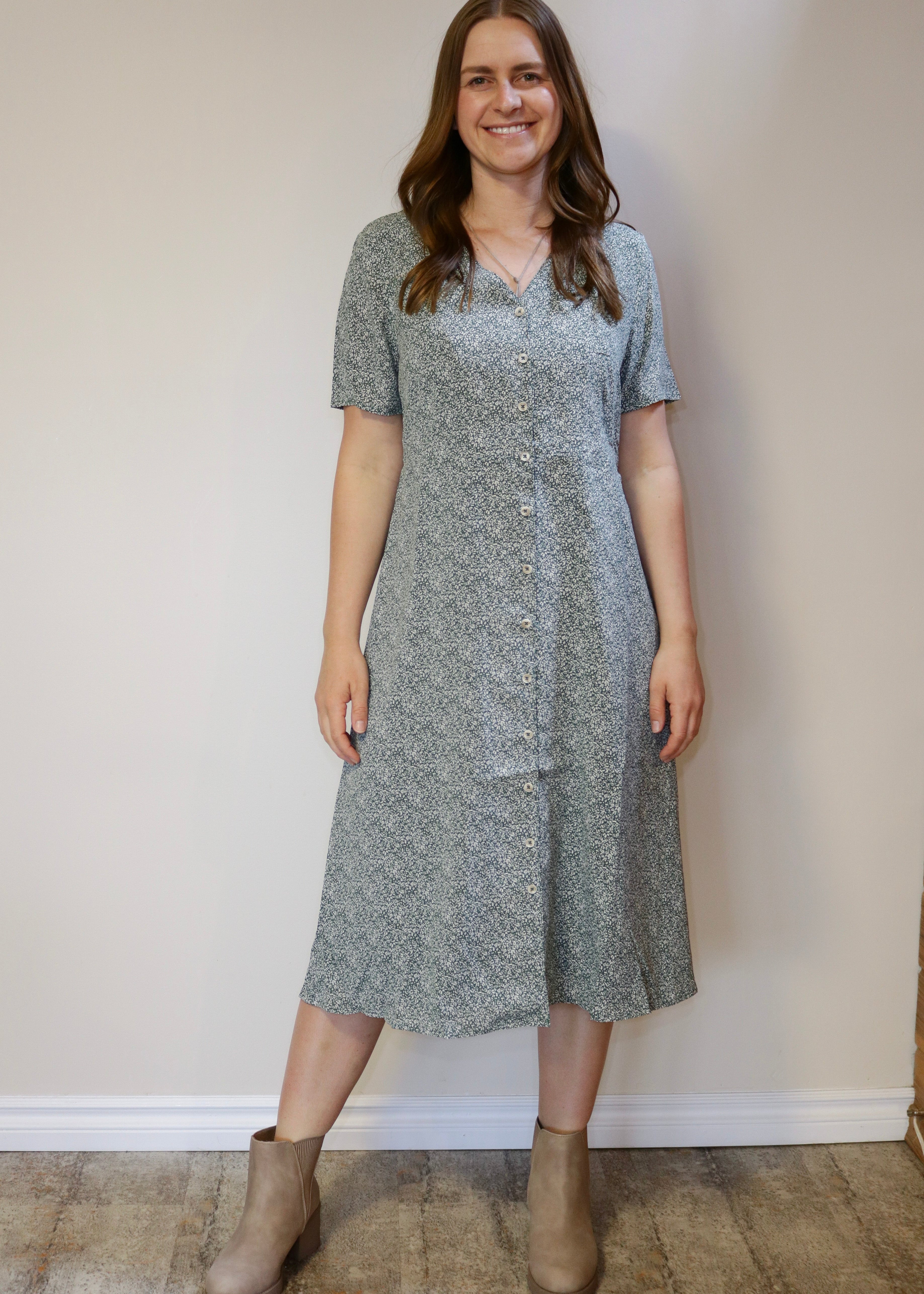 Button Down Print Dress - Green S-XL