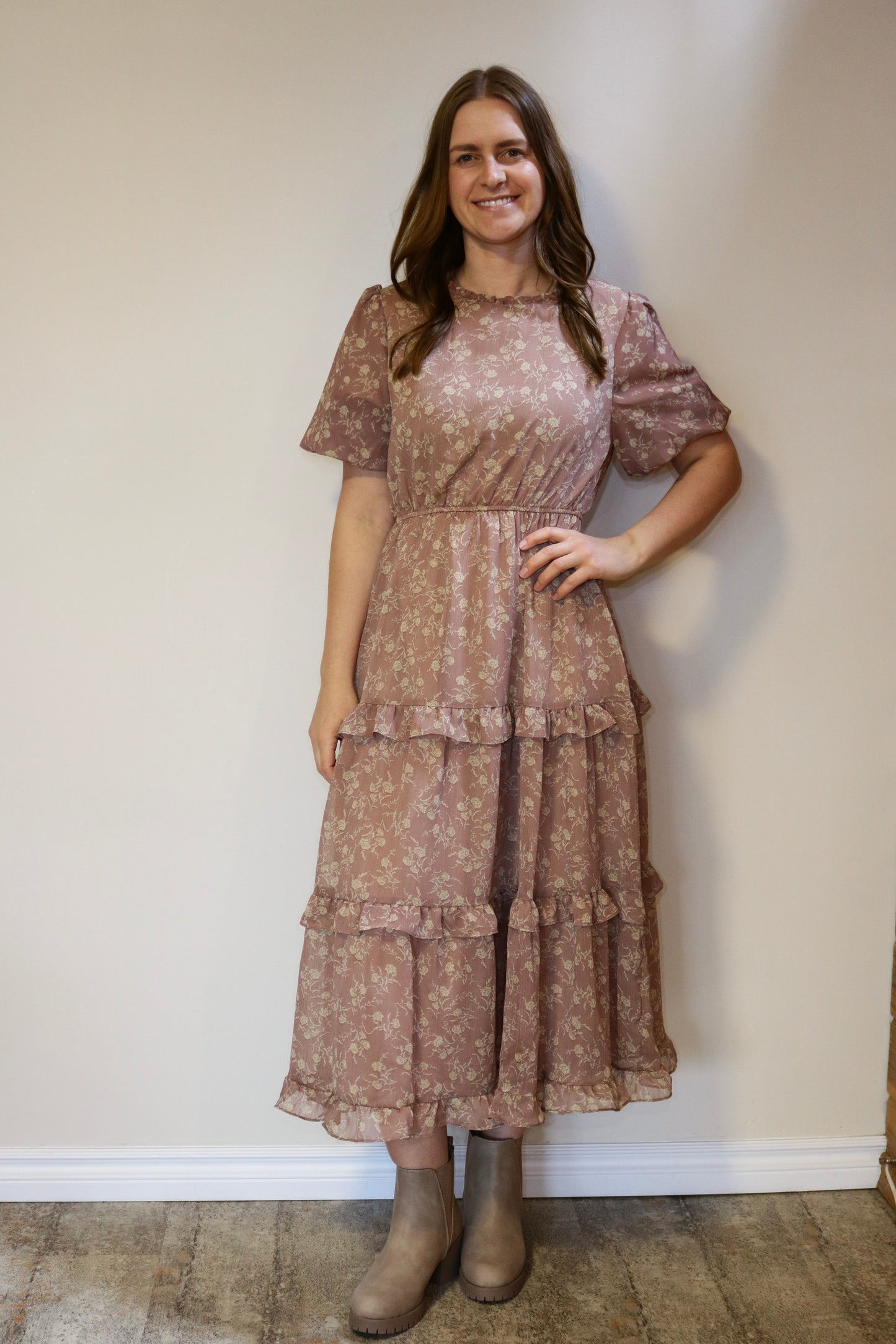 Floral Chiffon Tiered Dress - Dusty Blush/Taupe S-XL