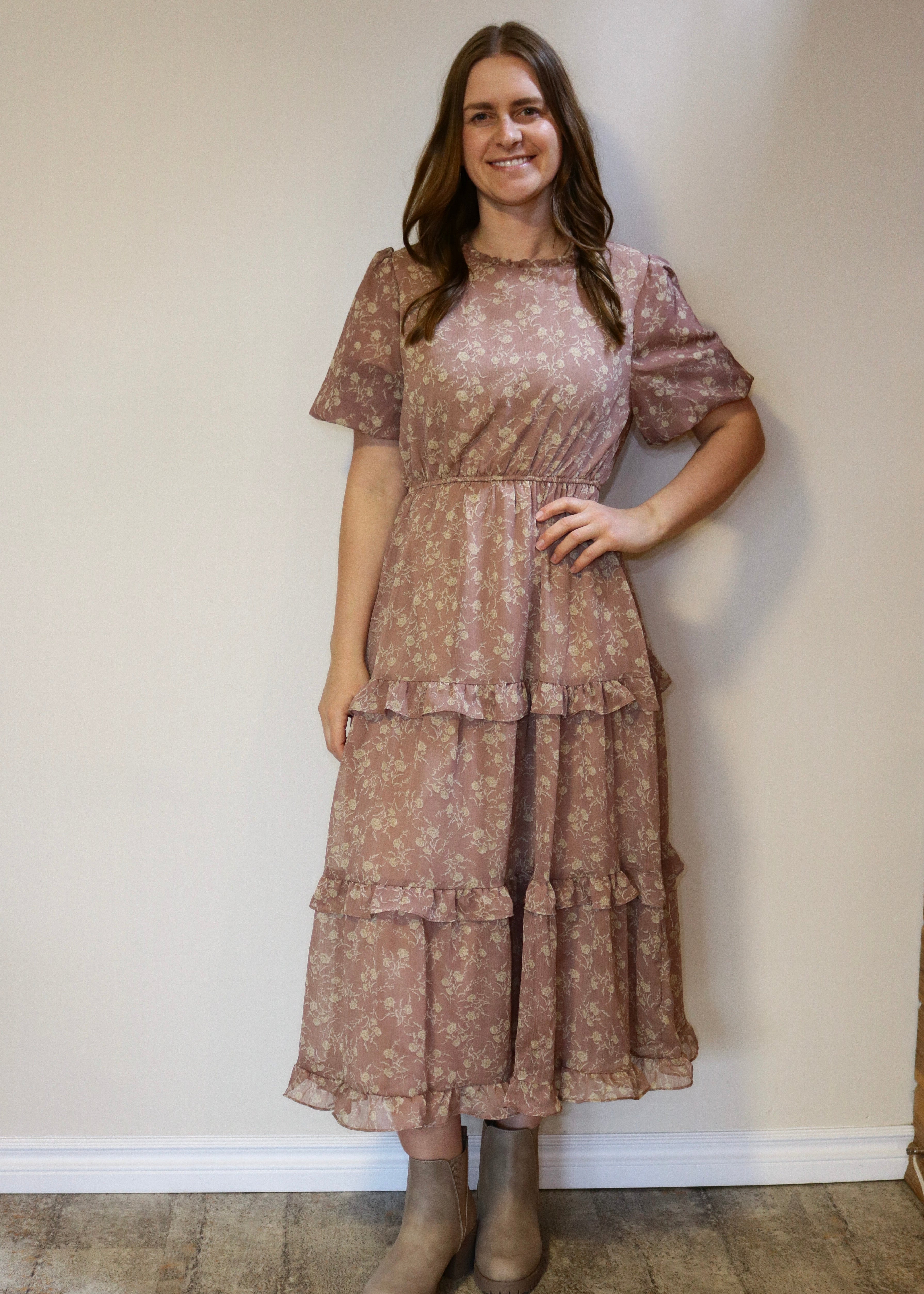Floral Chiffon Tiered Dress - Dusty Blush/Taupe S-XL