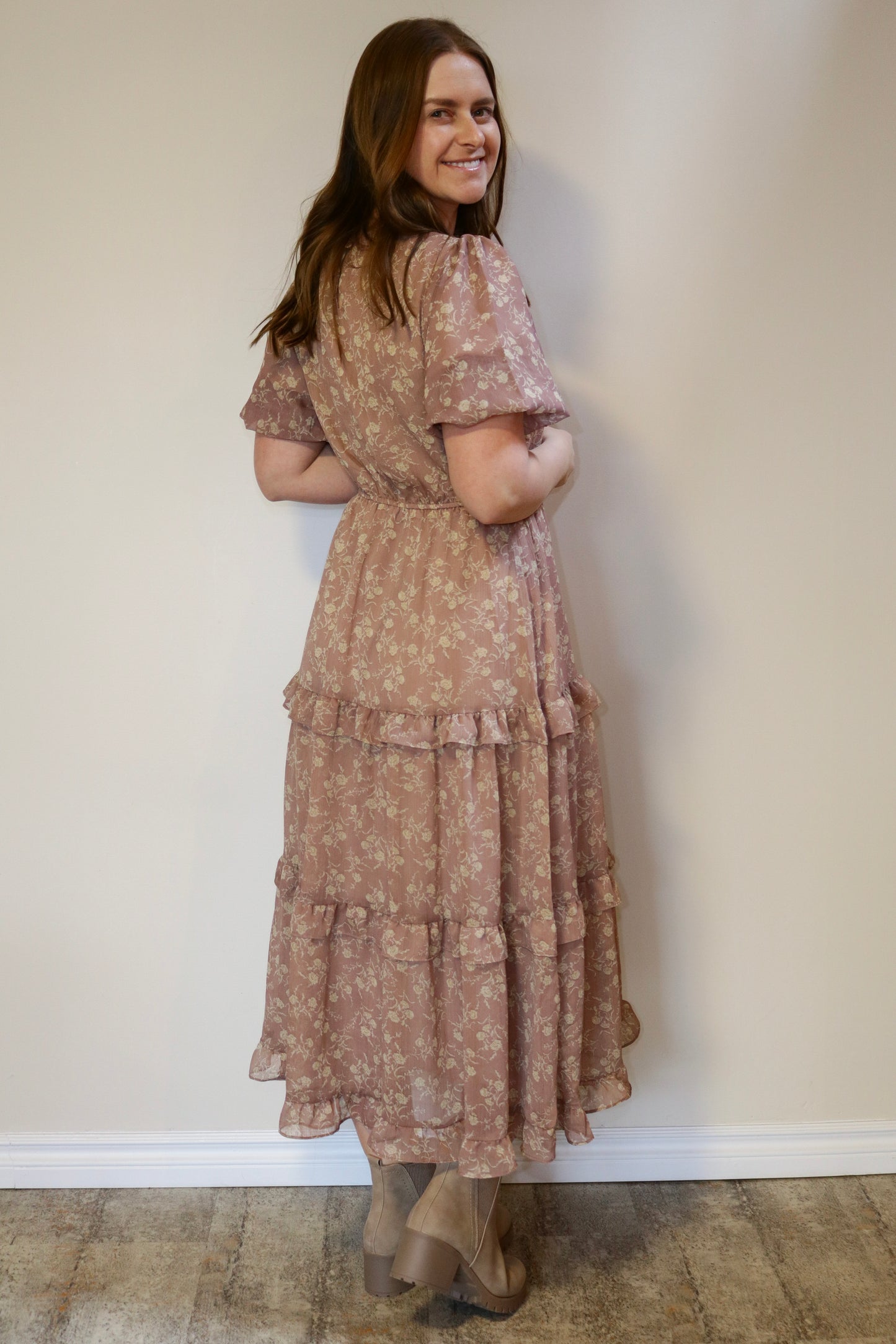 Floral Chiffon Tiered Dress - Dusty Blush/Taupe S-XL