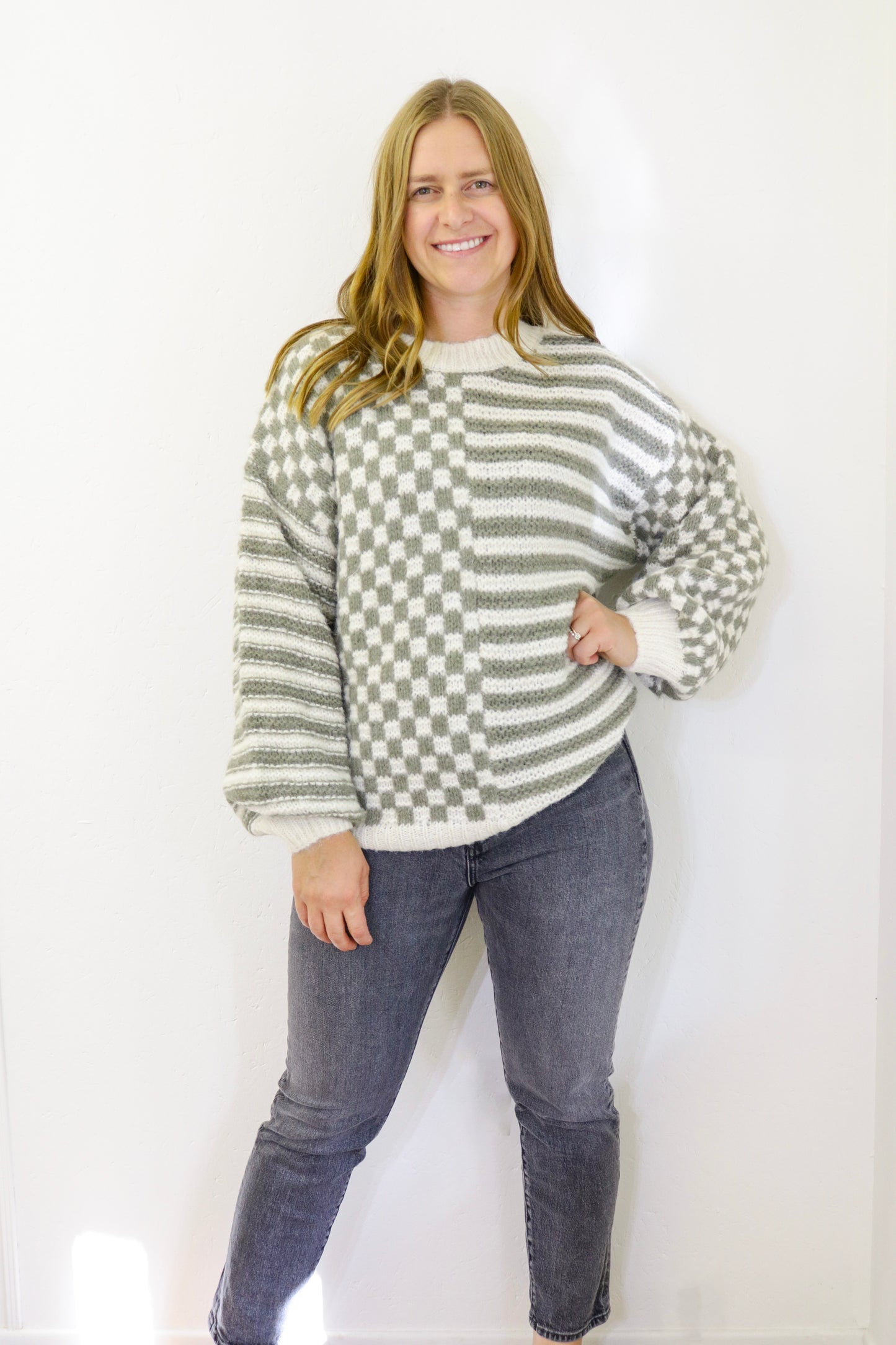 Stripe and Checkered Crew Neck Sweater - Olive (S-L)