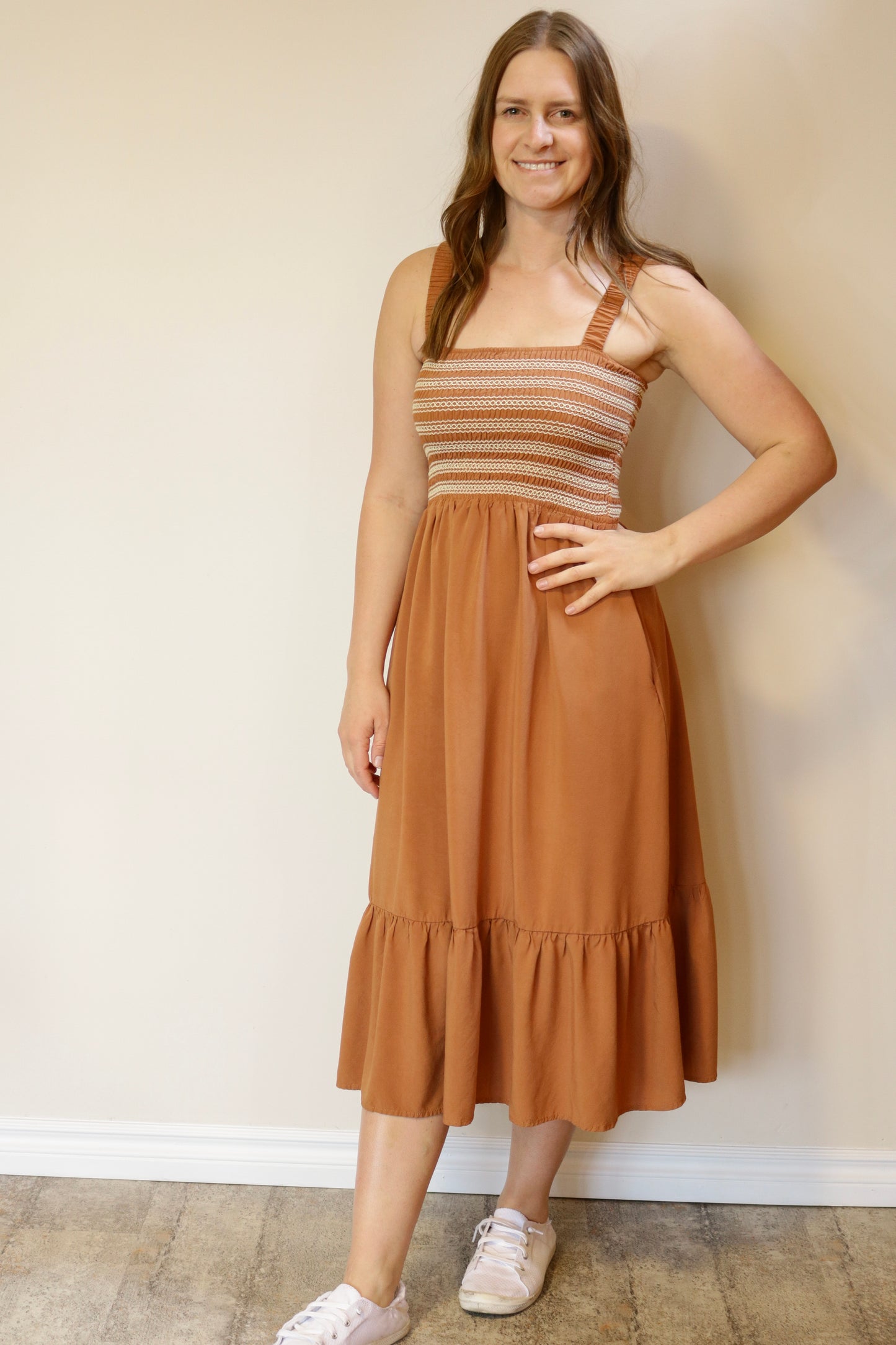 Embroidered Top Midi Dress - Cinnamon S-L