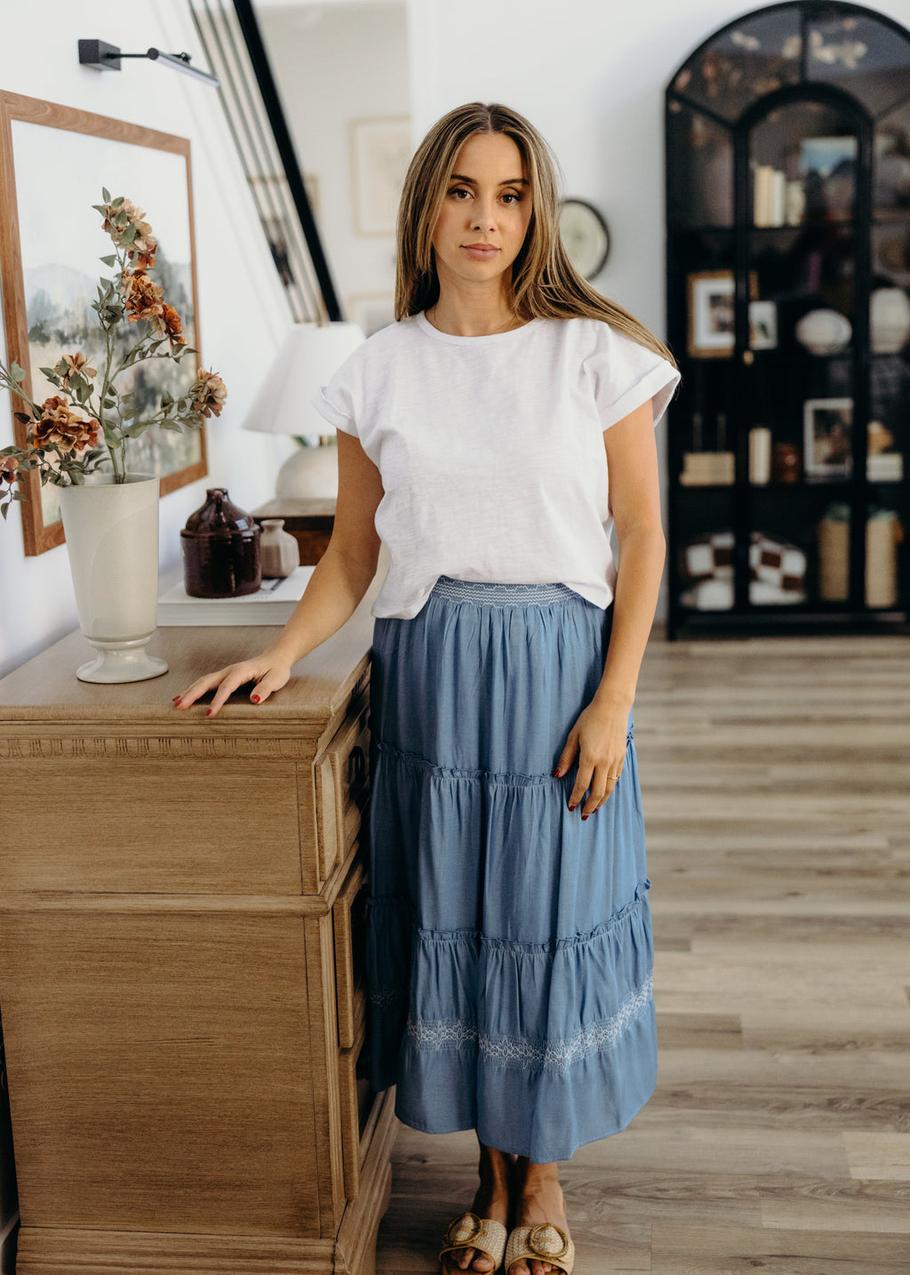 Embroidered Trim Maxi Skirt - Chambray (S-XL)