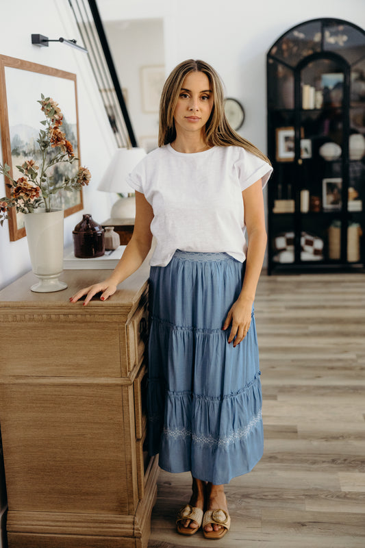 Embroidered Trim Maxi Skirt - Chambray (S-XL)