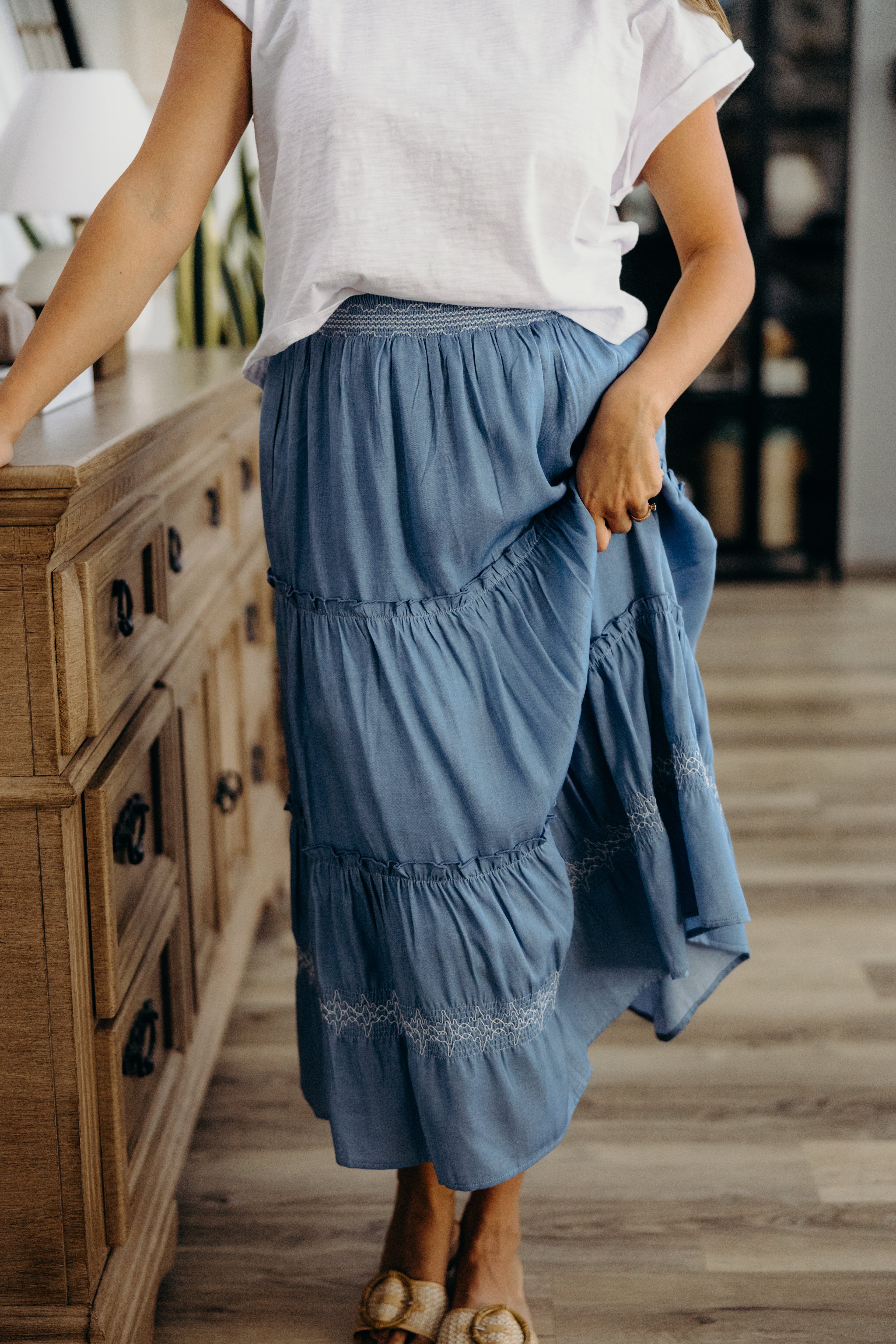 Embroidered Trim Maxi Skirt - Chambray (S-XL)