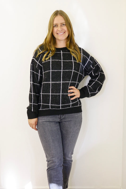 Grid Print Crew Neck Sweatshirt - Black (S-L)