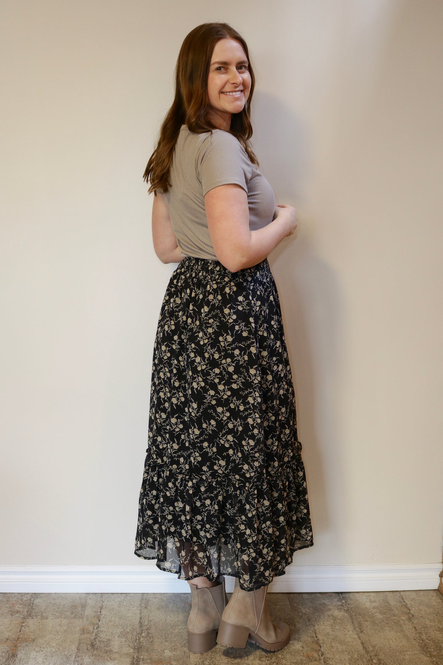 Floral Smock Skirt - Black S-XL