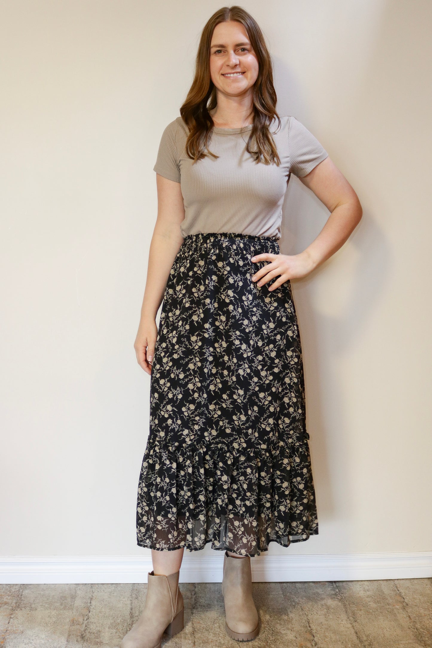 Floral Smock Skirt - Black S-XL