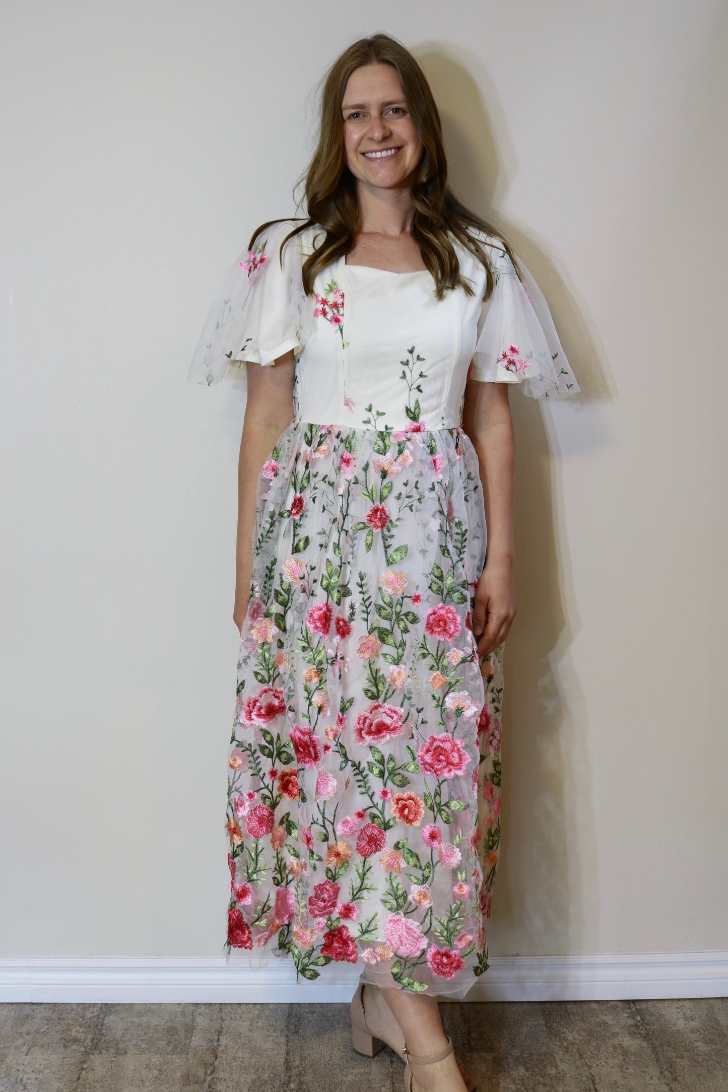 Floral Smock Dress - White and Pink (S-XL)