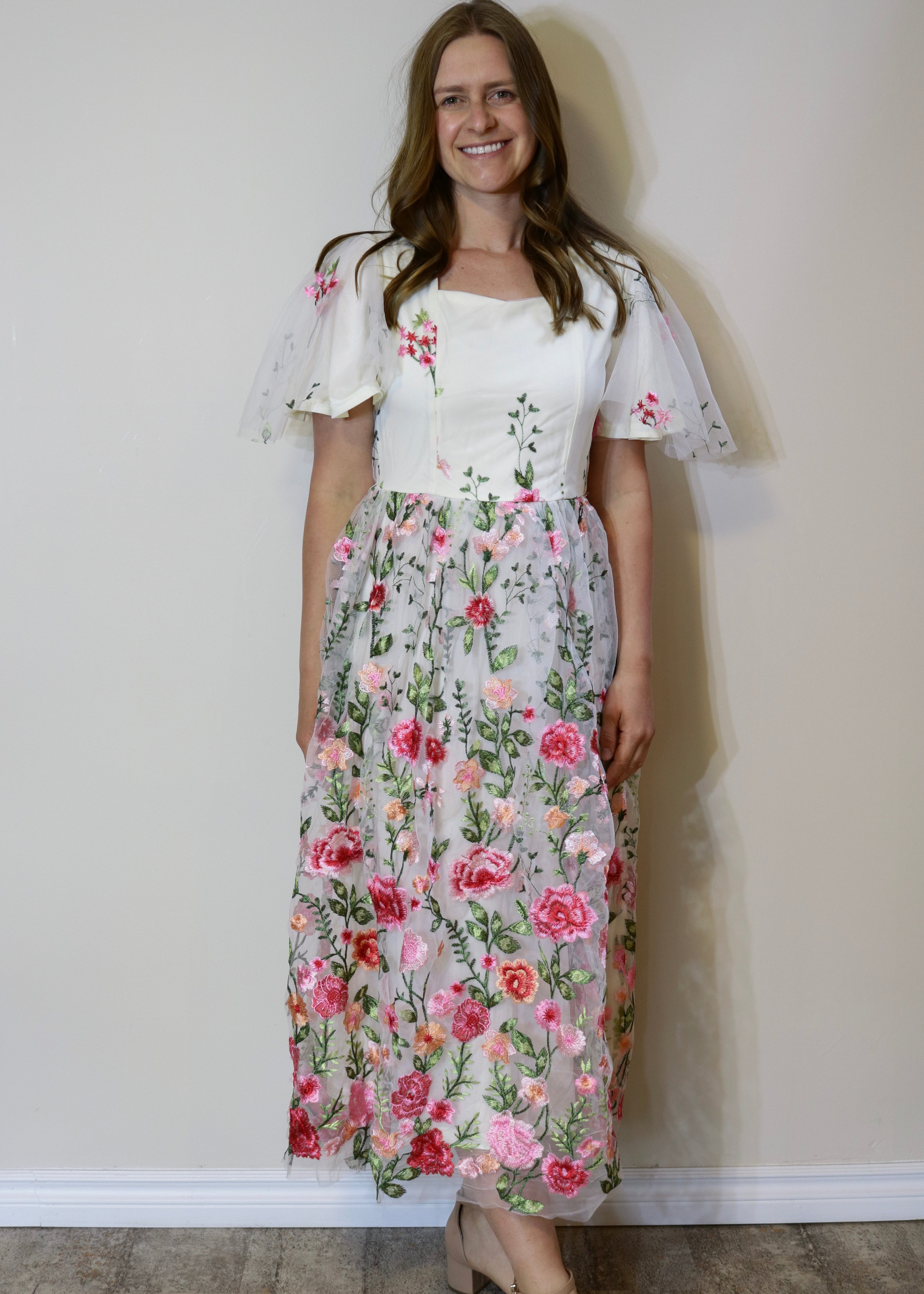 Floral Smock Dress - White and Pink (S-XL)