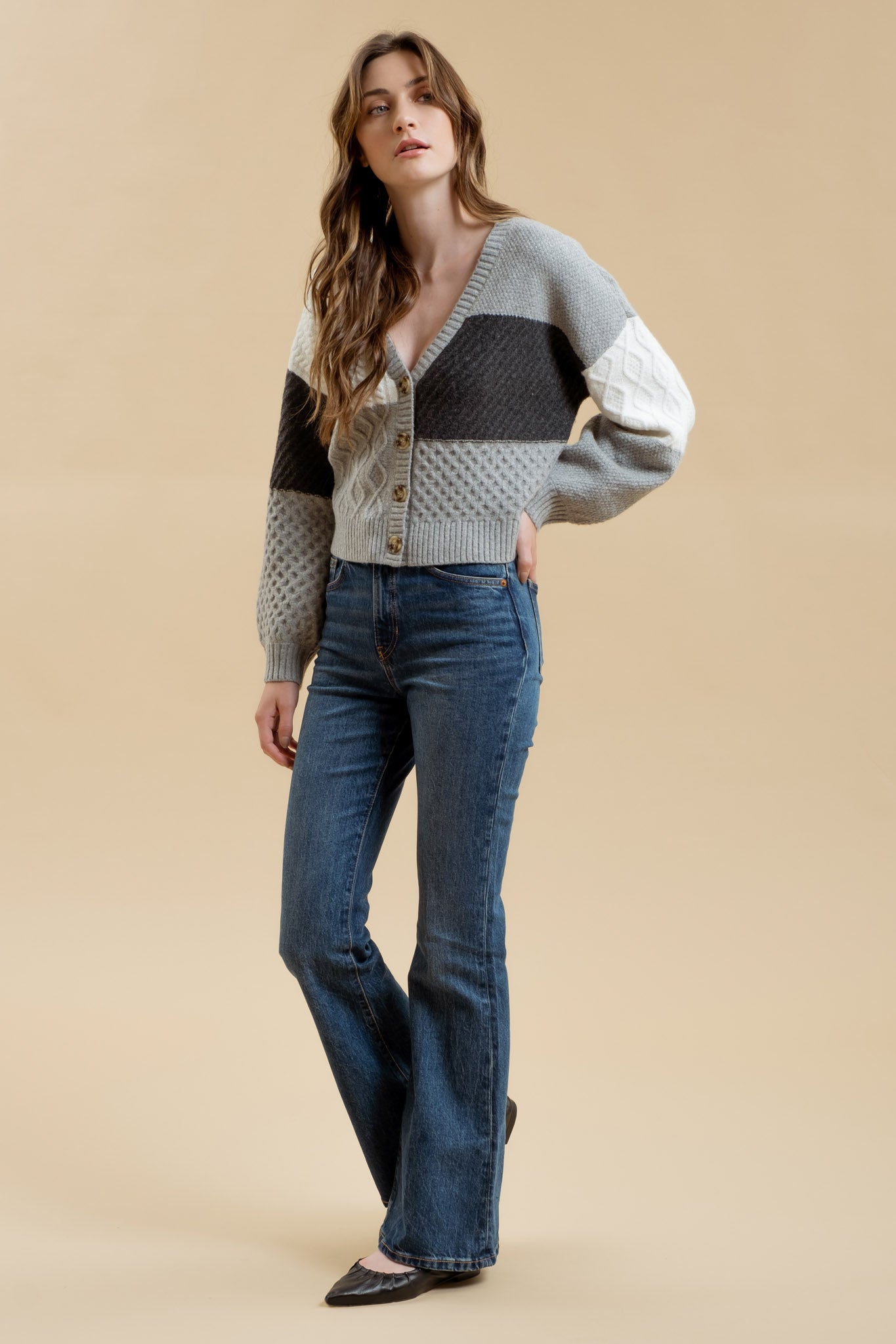 Patchwork Cable Knit Cardigan - Grey (S-L)