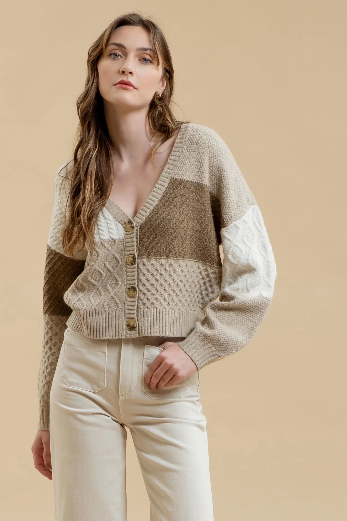 Patchwork Cable Knit Cardigan - Taupe (S-L)