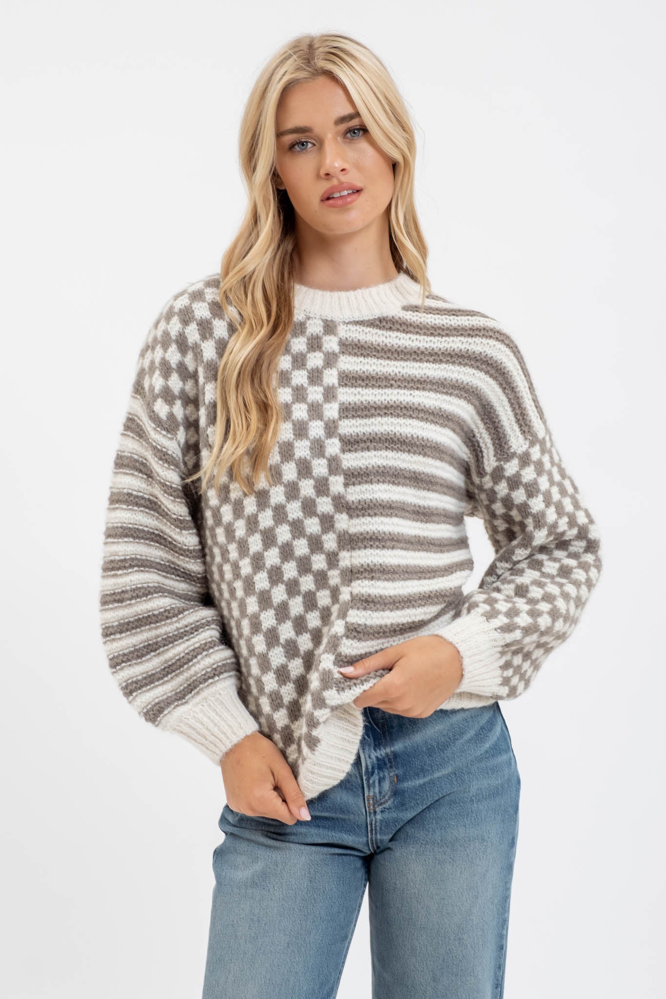 Stripe and Checkered Crew Neck Sweater - Olive (S-L)