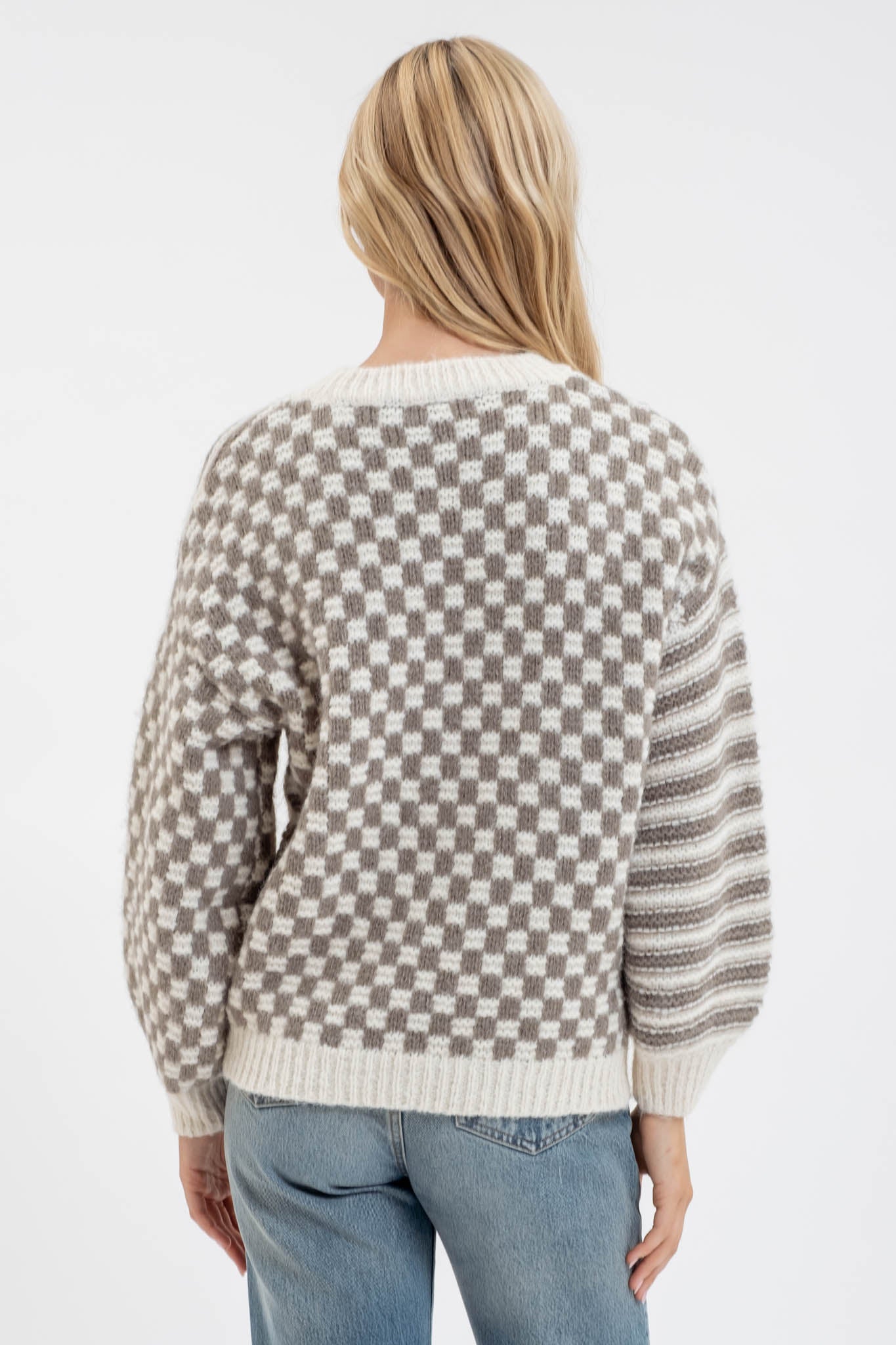 Stripe and Checkered Crew Neck Sweater - Olive (S-L)