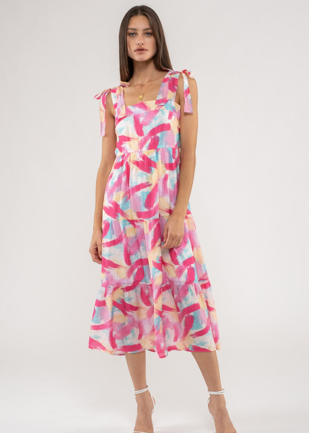 Brush Stroke Print Tiered Midi Dress - (S-L)