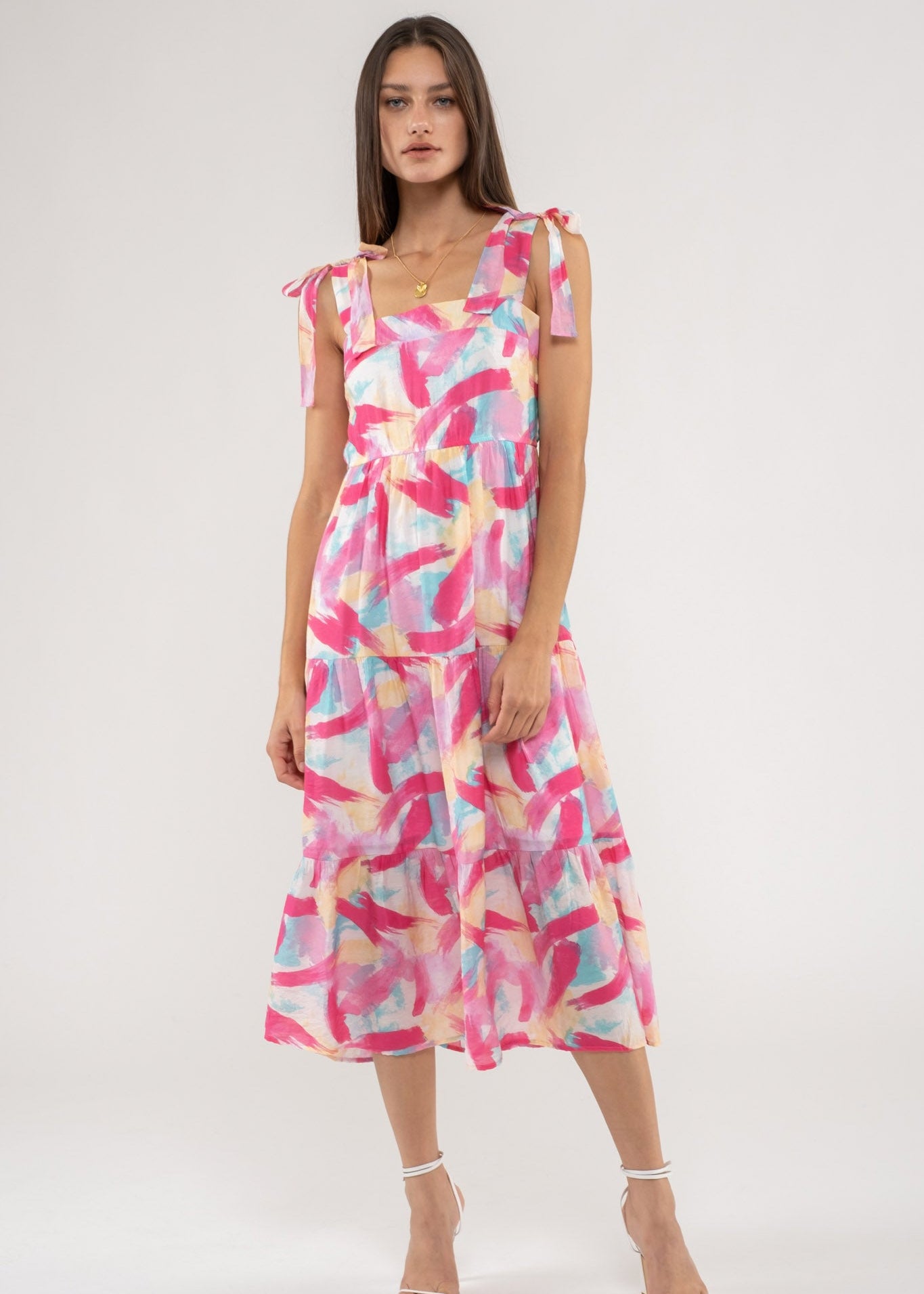 Brush Stroke Print Tiered Midi Dress - (S-L)