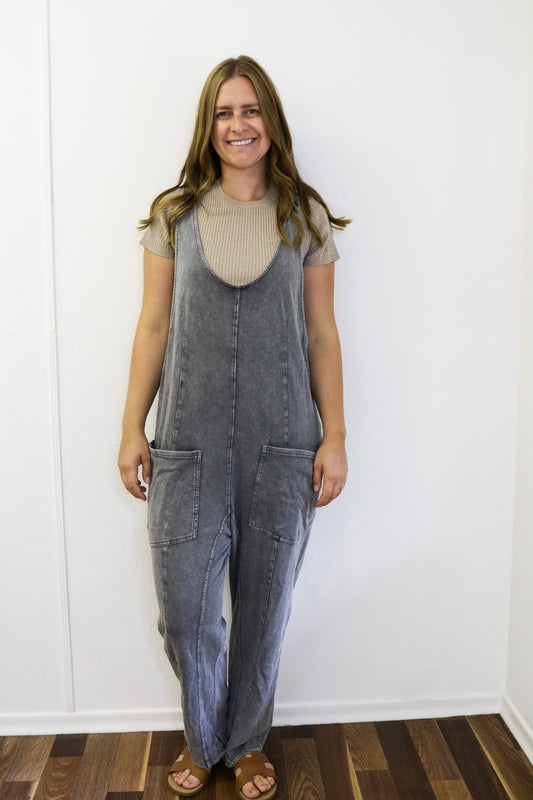 Mineral Washed Relaxed Fit Jumpsuit - Charcoal (S-L)