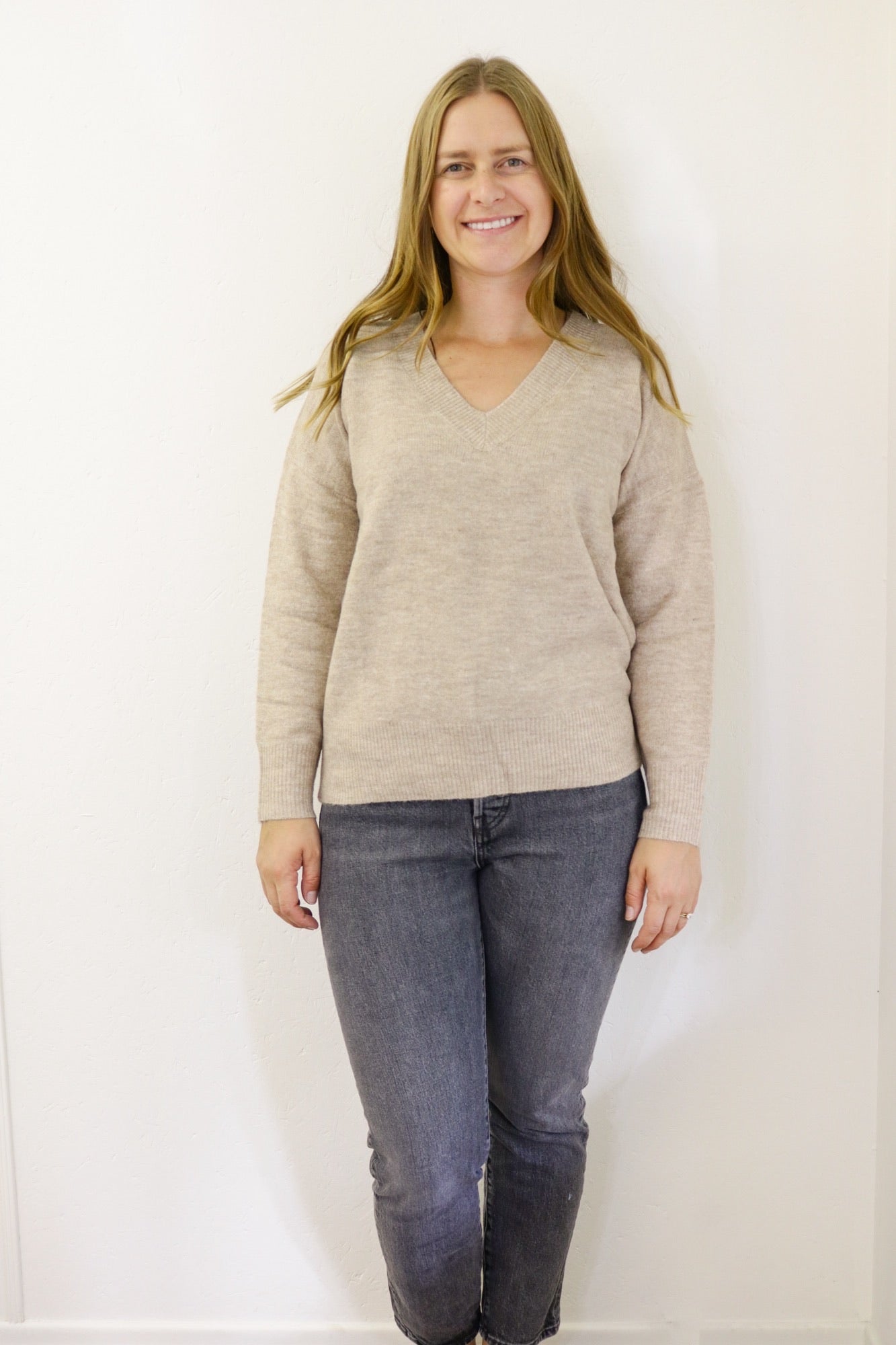 Solid V Neck Knit Sweater - Taupe (S-L)