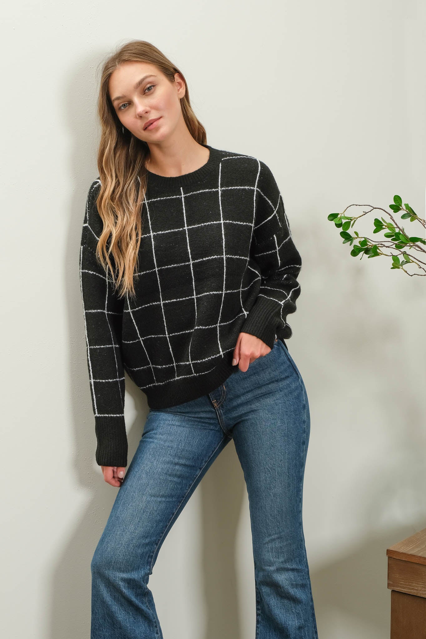 Grid Print Crew Neck Sweatshirt - Black (S-L)