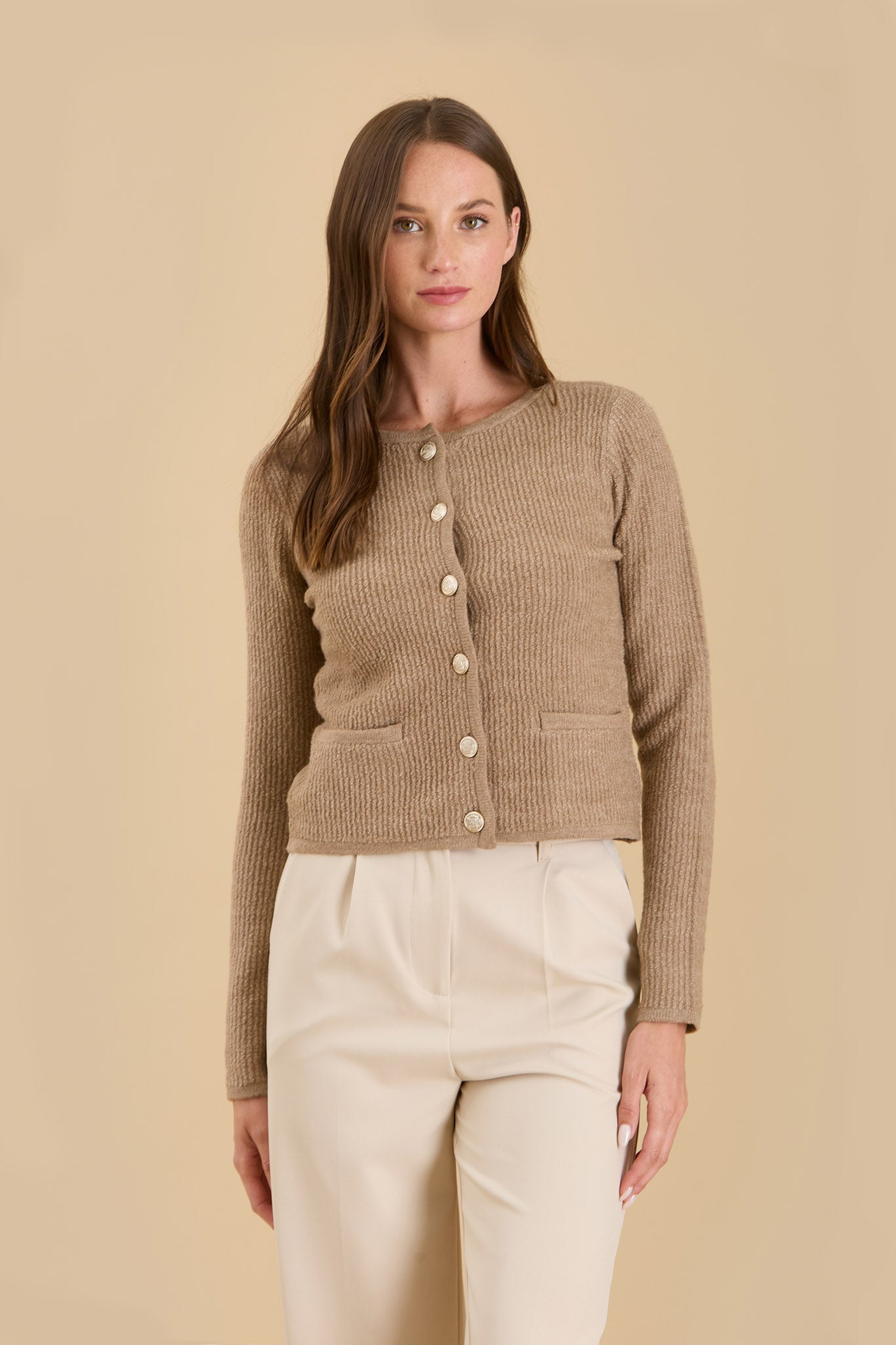 Round Neck Gold Button Knit Cardigan - Taupe (S-L)